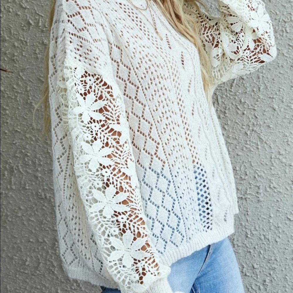 WHITE POINTELLE KNIT DROP SHOULDER SWEATER - Picture 3 of 9